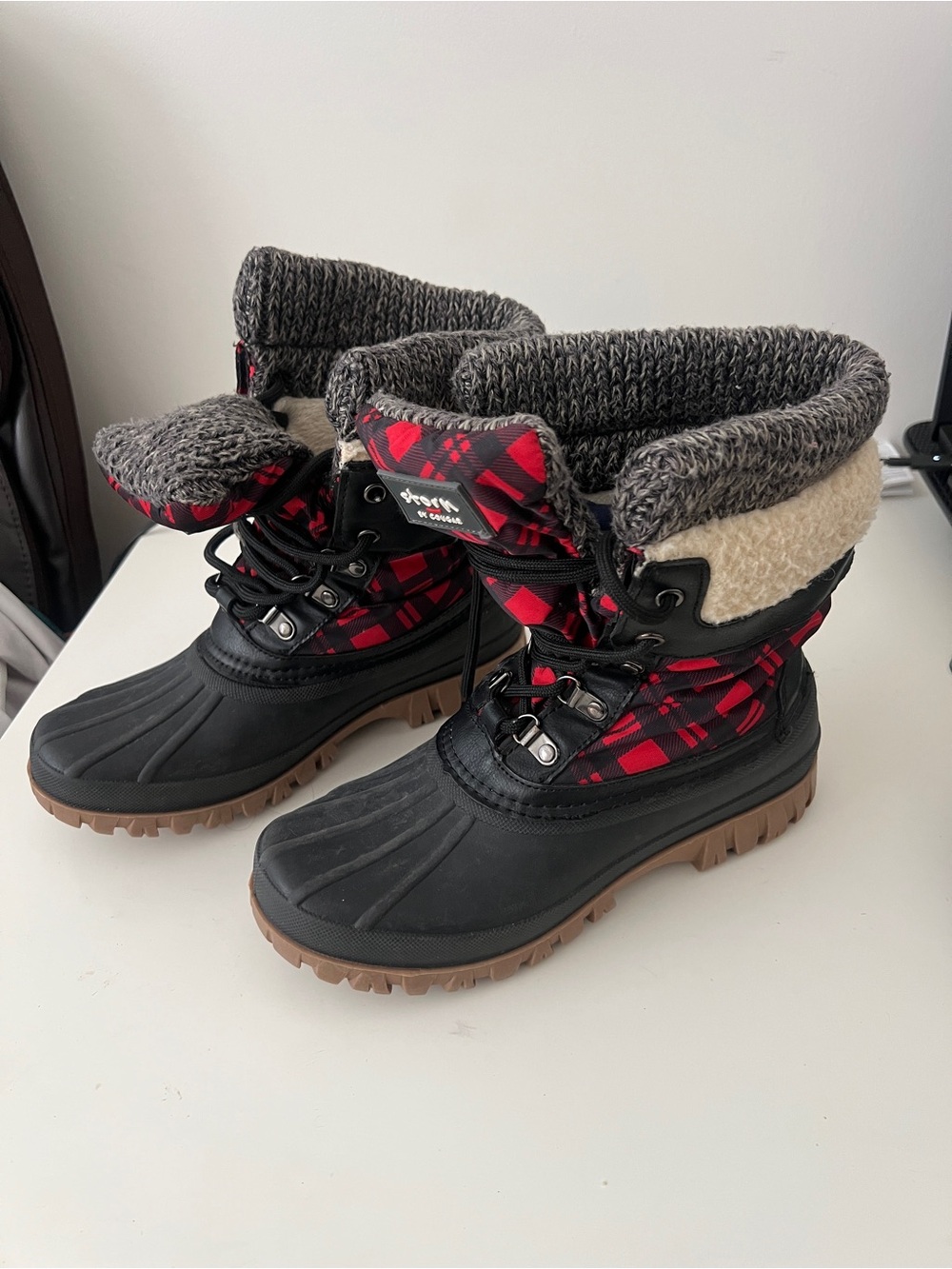 Storm Boots by Cougar in Black with Brown Soles Insulated Red Plaid Winter Boots